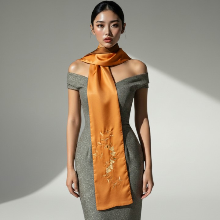 Khăn lụa 2 mặt cam nâu thêu hoa lá 25*200 cm- Mẫu 6